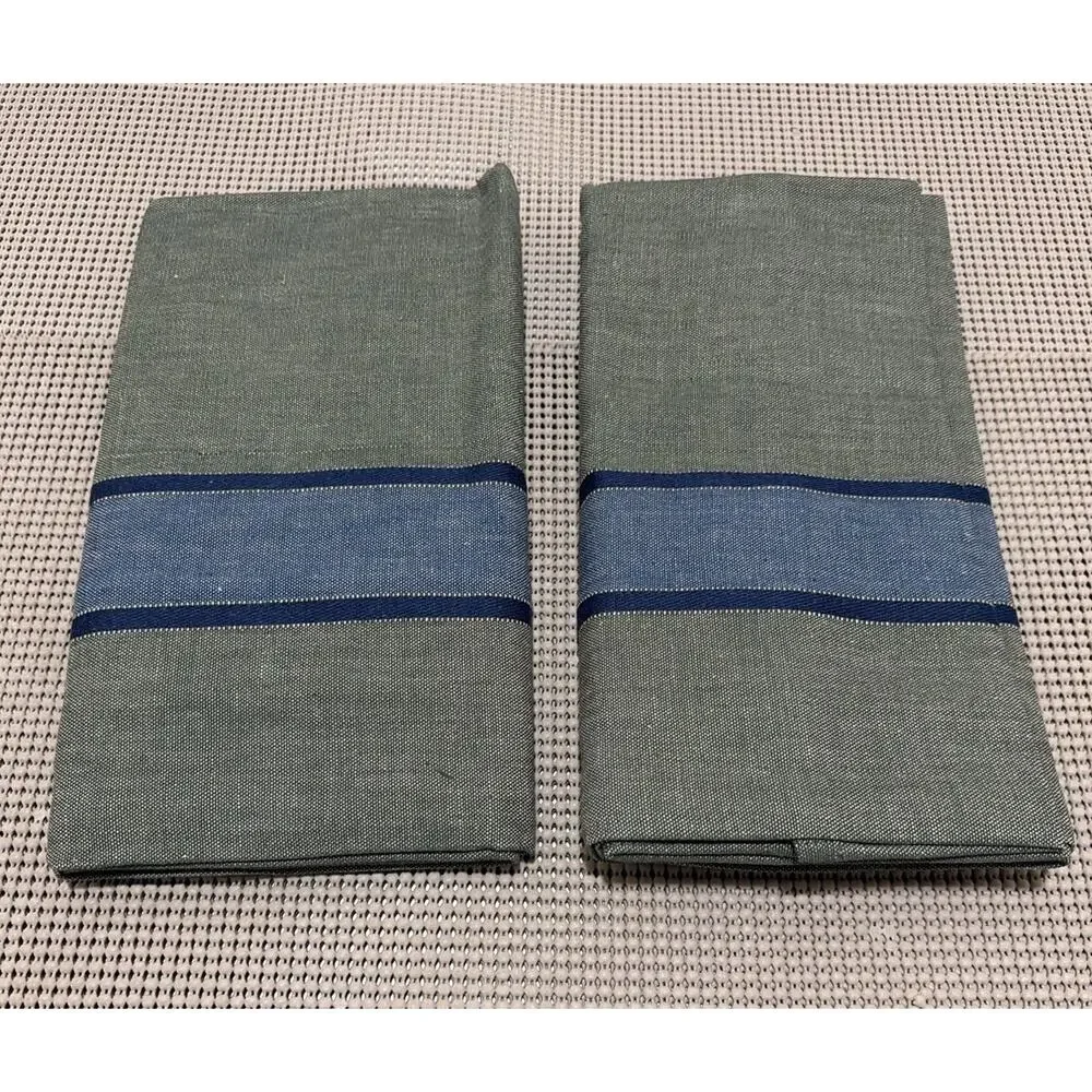 JCPenney Tier Curtain Pair Bradley Stripe Woven Cotton Olive Green Blue 36 in